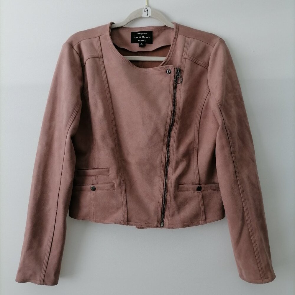 Haute Monde Women's Brown Long Sleeve Faux Suede Full Zip Moto Jacket Size Large